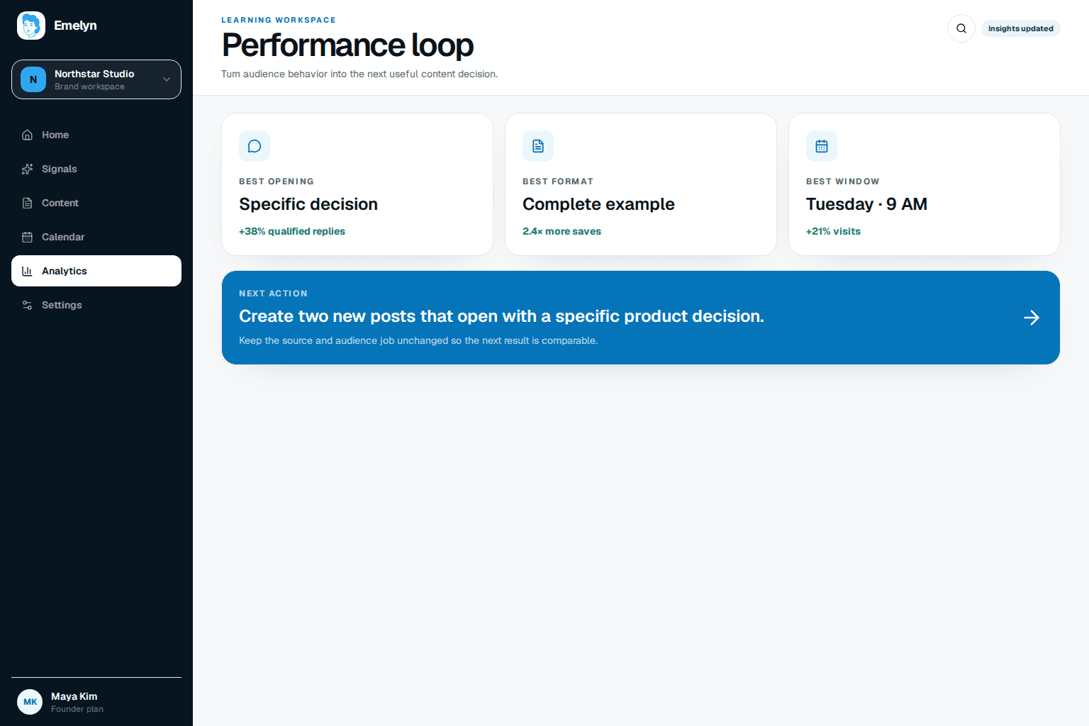 Emelyn performance insights and recommended next action